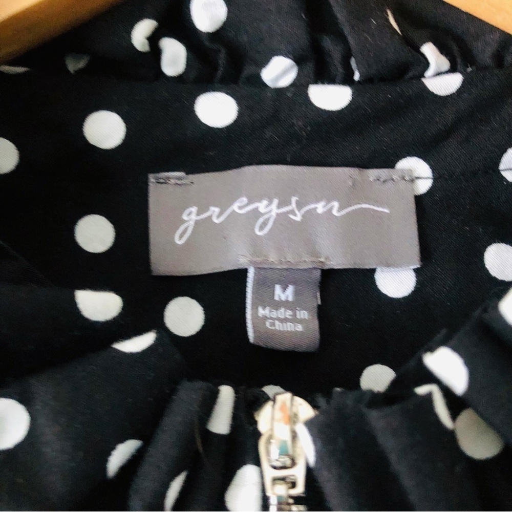 Greysn Black and White Polka Dot Ruffle Sleeve Zip Up Cotton Blouse Size Medium - Picture 8 of 11